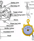 Solid As A Rock Retractable Spring Balancer Tool Hanger Bracket with labeled diagram of features and design, showcasing hook and rope.