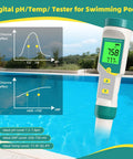 7 In 1 Digital Water Tester For Drinking Water, Wine, Pools, And Soaking Tubs measuring pH next to a swimming pool with LCD display
