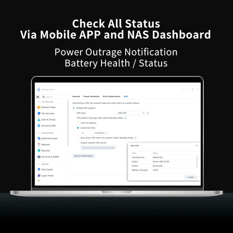 Laptop screen displaying Smart UPS 150W LiFePO4 Battery Backup For NAS And Mini PC With Remote App Control interface.