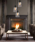 Modern farmhouse living room with Industrial Pendant Ceiling Light In Black Finish With 5.7 Inch Oval Glass Shade over table