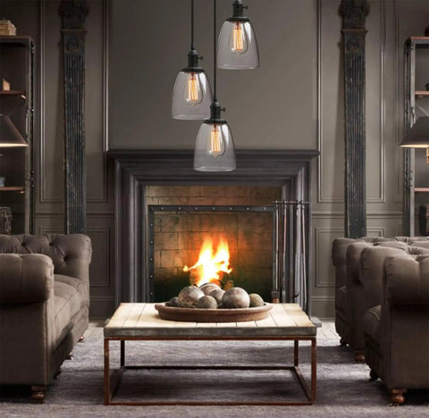 Modern farmhouse living room with Industrial Pendant Ceiling Light In Black Finish With 5.7 Inch Oval Glass Shade over table
