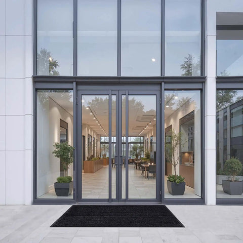 Workhorse Front Door Mat 5 by 3 Feet Indoor Outdoor With PVC Backing Striped Industrial Carpet at modern building entrance