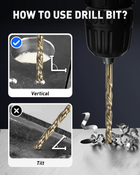 M35 Cobalt Drill Bit Set For Hardened Metal And Stainless Steel, demonstrating correct vertical drilling technique with 99 pieces.