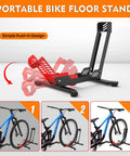 Red Bike Floor Stand For Garage Storage Portable Front And Rear Wheel Parking Rack Fits 24 To 29 Inch Bikes Tire Width Up To 3.5 Inches Road And Mountain Bicycle Stand With Secure Three Point Locking System, front view with example bikes