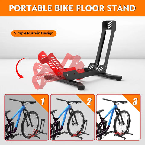Red Bike Floor Stand For Garage Storage Portable Front And Rear Wheel Parking Rack Fits 24 To 29 Inch Bikes Tire Width Up To 3.5 Inches Road And Mountain Bicycle Stand With Secure Three Point Locking System, front view with example bikes