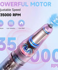 A Killer Rechargeable Cordless Nail Drill Running 35000Rpm To Shape Acrylics Swift, showing motor and speed settings.