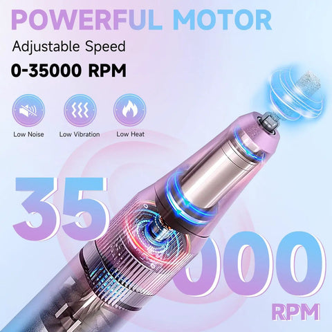 A Killer Rechargeable Cordless Nail Drill Running 35000Rpm To Shape Acrylics Swift, showing motor and speed settings.