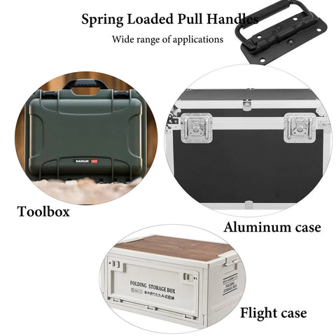 Spring Loaded Pull Handles For Tool Boxes And Trunks shown on cases and boxes, ideal for flat surfaces with robust design