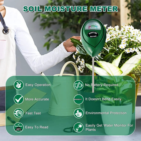 Green Soil Moisture Meter For Lawn And Garden Care, Accurate Hygrometer Sensor For Indoor And Outdoor Use, with watering can and flowers