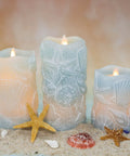 Ocean Themed Flameless Seashell Candles With Remote Control Real Wax Flicker Effect Battery Powered For Home Decor Party Wedding Nautical Christmas Easter Set Of 3 Blue on sand with starfish