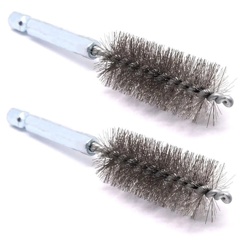Stainless Steel Bore Brush Set Two Pack With Three Quarter Inch Hex Shank Twisted Round Wire Brushes for Power Drill Clean Rust