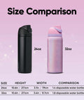Size comparison of FreeSip Insulated Stainless Steel Water Bottle 32 oz Pink Glinda and black 24 oz bottle with size details below.