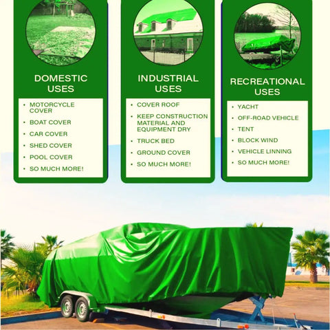 5 Mil Heavy Duty Tarp Cover For Multi Purpose Use Waterproof Weatherproof Car Boat Camping And More Reinforced 18 Inch Grommets And Heat Sealed Seams No Leaks Tear Proof Rust Proof Lime Color 5 By 7 Feet covering a trailer in outdoor setting.
