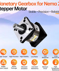 Angled front view of YEJMKJ 50:1 planetary gearbox for Nema 23 stepper motor; silver housing with black mounting plate.