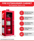 Red Wall Mount Fire Extinguisher Cabinet With Alarm And Lock And Clear Acrylic Break Glass Window Durable Metal Box That Fits 2.5 5 And 10 Pound Extinguishers For Quick Access Safety, front view with extinguisher inside.