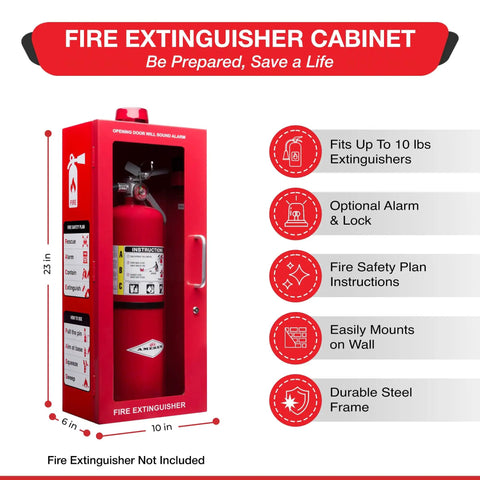 Red Wall Mount Fire Extinguisher Cabinet With Alarm And Lock And Clear Acrylic Break Glass Window Durable Metal Box That Fits 2.5 5 And 10 Pound Extinguishers For Quick Access Safety, front view with extinguisher inside.