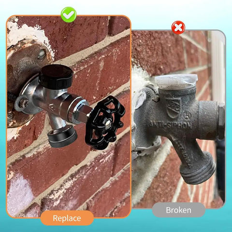 Outdoor Hose Bib Repair Kit With Vacuum Breaker UPC ASSE 1019-A installed correctly next to broken faucet on brick wall