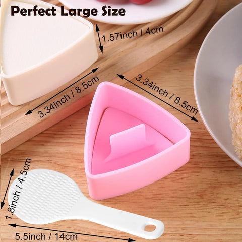 Triangle Rice Ball Molds 2 Pack Large Do It Yourself Sushi Makers Kit with paddle in pink and beige on wooden surface