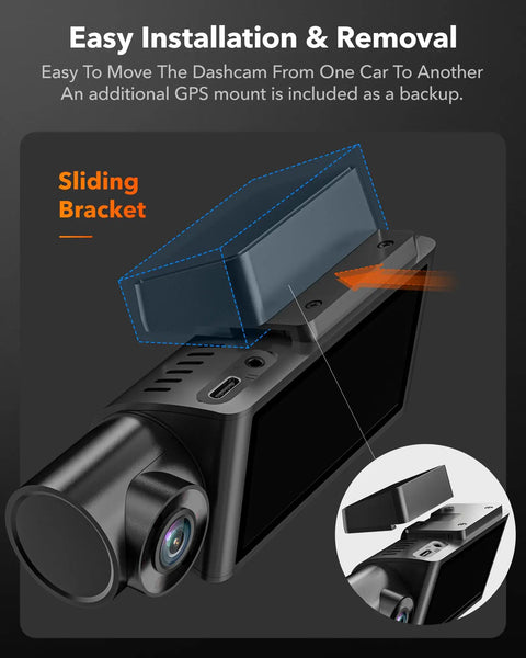 Three Channel Dash Cam With Built In WiFi And GPS, Front 1440P Plus Interior And Rear 1080P showing sliding bracket detail