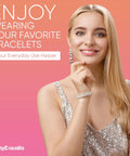 Smiling woman wearing a sparkling dress, showcasing "Enjoy Wearing Your Favorite Bracelets - Your Everyday Use Helper" on pink background.