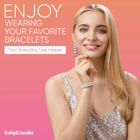 Smiling woman wearing a sparkling dress, showcasing "Enjoy Wearing Your Favorite Bracelets - Your Everyday Use Helper" on pink background.