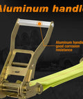 Close-up of aluminum handle on Four Pack 2 Inch By 27 Foot Heavy Duty Ratchet Straps With Aluminum Handle And Double J Hooks