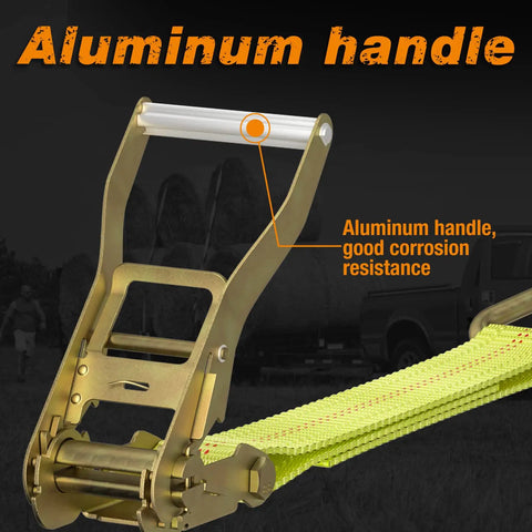 Close-up of aluminum handle on Four Pack 2 Inch By 27 Foot Heavy Duty Ratchet Straps With Aluminum Handle And Double J Hooks