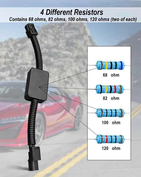 Muzzle Harness Disable Kit For Honda 3.5L V6 With VCM, includes 4 resistors: 68, 82, 100, 120 ohms, shown against car background