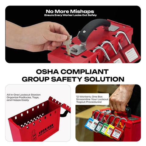 Workhorse OSHA Compliant Lockout Tagout Box Rugged Red Steel Padlock Holder With Carry Handle For Team Maintenance Jobs Locks Down Power Sources Tight And Keeps The Crew Secure