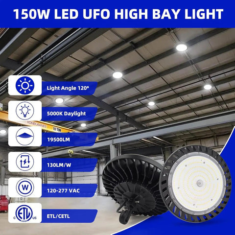 Two Pack 150W LED High Bay Light 5000K UFO Fixture With US Plug 100-277V 19,500 Lumens IP65 Wet Location Warehouse Lighting