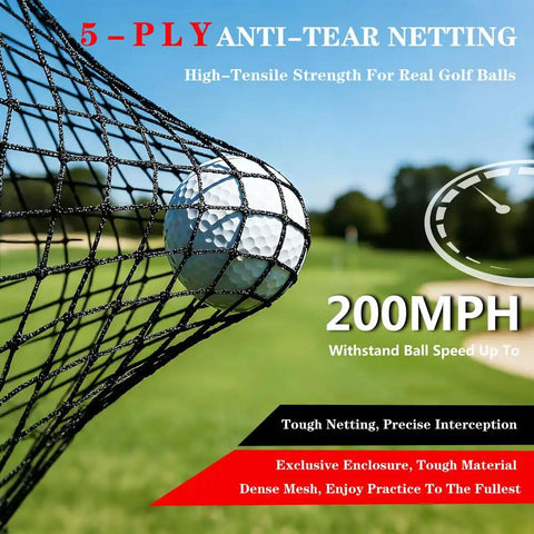 Close-up of 5-ply netting from 10x7ft Golf Net With Target Cloth And Dual Turf Mats showing a ball caught mid-flight against greenery.