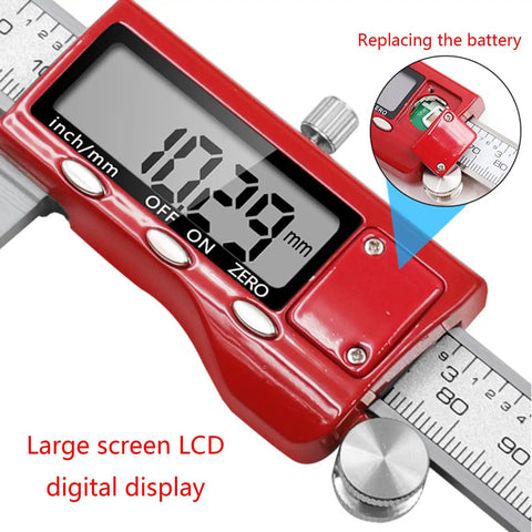 Close-up of a 0-150mm Brake Disc Rotor-Caliper Stainless Measuring Instrument with digital display and battery compartment.