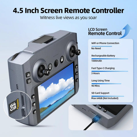 4.5 inch screen remote controller for 2K FPV Drone With 4.5 Inch Screen Remote, Brushless Motors, Auto Return features.
