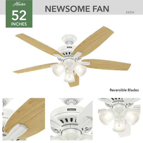 52 Inch Indoor Ceiling Fan With LED Lights In White Finish, Five Blade Design, Pull Chain Operation, Standard Mount No Remote