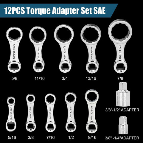 Torque Adapter Set 12-Piece SAE With Box End And 12 Point Extensions displayed with converters for 3/8 in drive