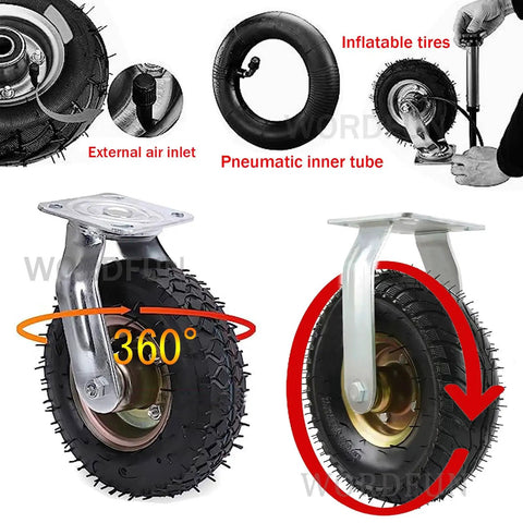 Heavy Duty Swivel Casters With Thick Rubber Wheels And Precision Ball Bearings Rock Solid Silent Glide Design showing pneumatic tires and ball bearing mount.