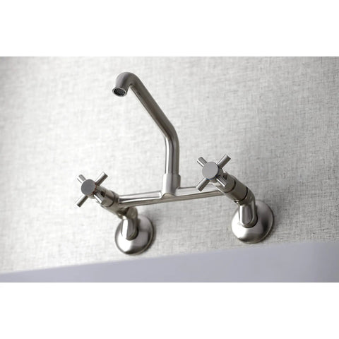 No-Drip Two-Handle Wall Mount Kitchen Faucet In Brushed Nickel, Solid Brass, Adjustable Center Span, Ceramic Disc Cartridge