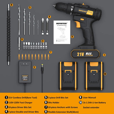 21V Cordless Drill Set With Two Batteries And Charger, Three Eighth Inch Keyless Chuck, Dual Speed Drill, 19 Torque Settings.