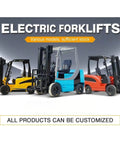 Beefy 3 Ton Rough Terrain Electric Forklift With Pneumatic Tires For Construction Sites And Outdoor Cargo Transport Heavy Duty Material Handling Gear Built For Tough Jobs And All Weather Worksites. Three colorful electric forklifts