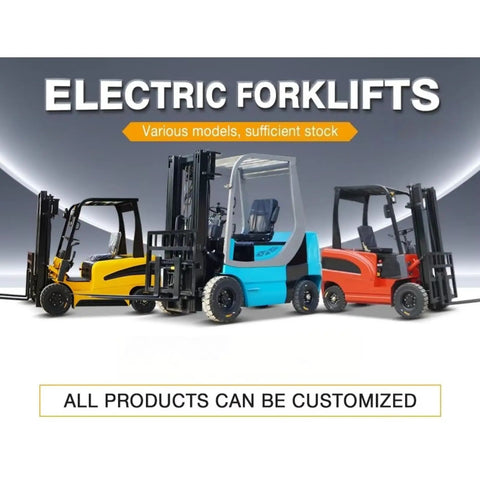 Beefy 3 Ton Rough Terrain Electric Forklift With Pneumatic Tires For Construction Sites And Outdoor Cargo Transport Heavy Duty Material Handling Gear Built For Tough Jobs And All Weather Worksites. Three colorful electric forklifts