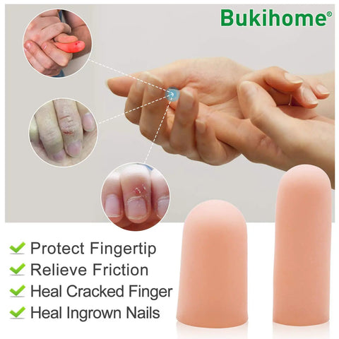 Hands applying 12 Pack Gel Finger Cots For Pain Relief And Fingertip Protection, Silicone Finger Sleeves on fingers, champagne color.