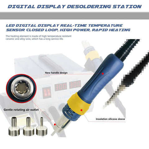 Hot Air Rework Station 850D Soldering Iron Station With LED Digital Display handle and nozzle, showcasing design features