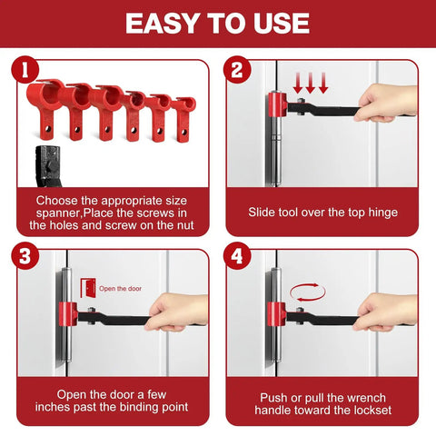 Instructions for using Door Hinge Adjustment Tool Kit 6 In 1 for precise hinge gap adjustment and quick repairs.