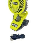 USB Lithium Clamp Fan Kit with Two Ah Battery and Charging Cable FVF51K, portable jobsite cooling for builders and landscapers.