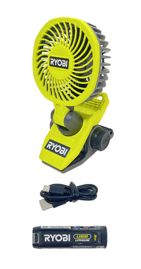USB Lithium Clamp Fan Kit with Two Ah Battery and Charging Cable FVF51K, portable jobsite cooling for builders and landscapers.