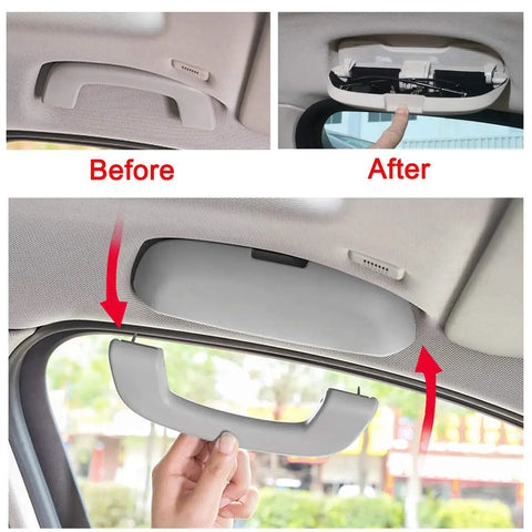 Custom Made Sunglasses Holder For BMW Driver Side Overhead Grab Handle Glasses Storage Box installation before and after