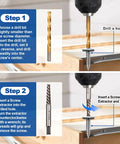Steps for using 14 Piece Screw Extractor Set For Stripped Screws And Broken Bolts HSS Left Handed Drill Bits.