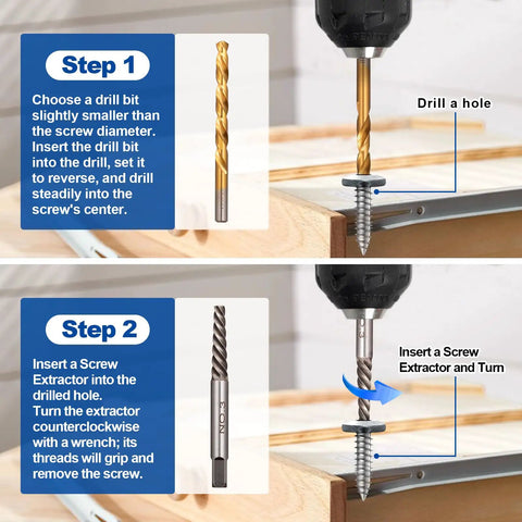 Steps for using 14 Piece Screw Extractor Set For Stripped Screws And Broken Bolts HSS Left Handed Drill Bits.