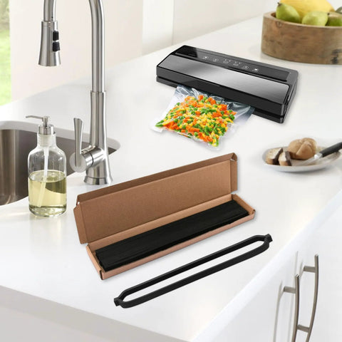 Six-pack black gasket seals for Geryon E2900/E2901/E5700 vacuum sealer; open cardboard box with gasket strips on kitchen counter