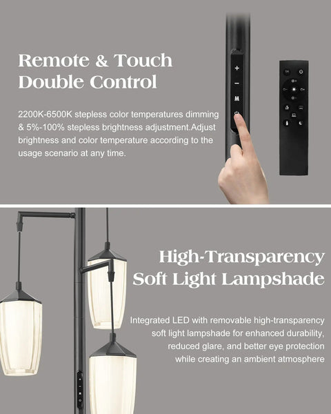 Industrial Dimmable Floor Lamp With Three Light Tree And Metal Cage Shades Farmhouse Vibe Tall 71 Inch Pole Lamp For Living Room Bedroom Office Reading Led Edison Bulbs Included Black with remote and soft light lampshade close-up.